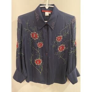 Emma Black Silk Rhinestone Button Top Shirt Couture Y2K Beaded Embellished Flora